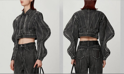 Jachetă Denim Cropped cu Mâneci Sculpturale (S-L)