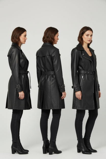 Trench Lung din Piele Ecologică cu Cordon (S-M-L)