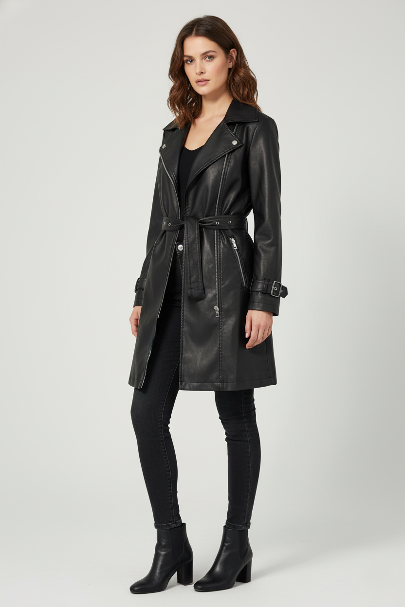 Trench din Piele Ecologică stil Biker | Qarma Selection