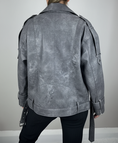 Jachetă Biker Oversized cu Aspect Washed