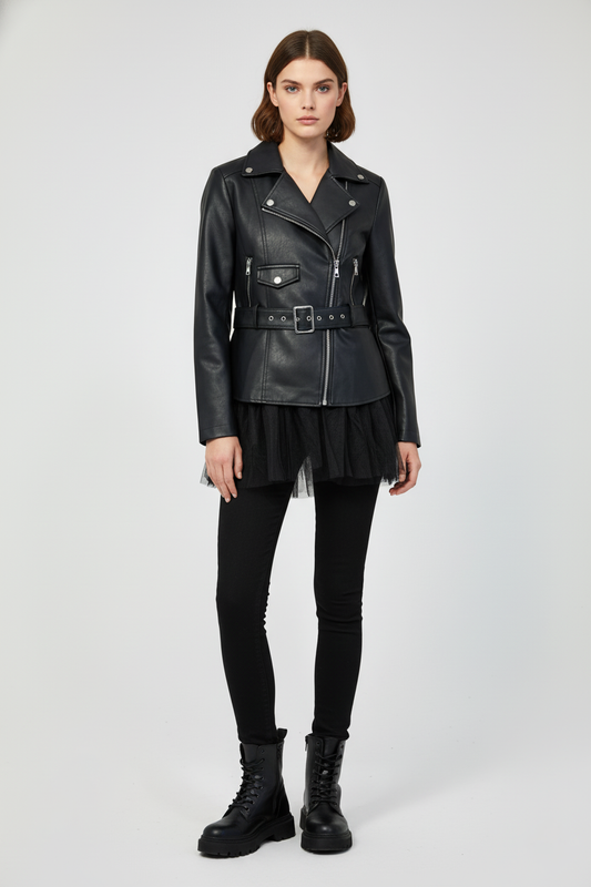 Geacă Biker din Piele Ecologică cu Inserție de Tulle | Qarma Selection