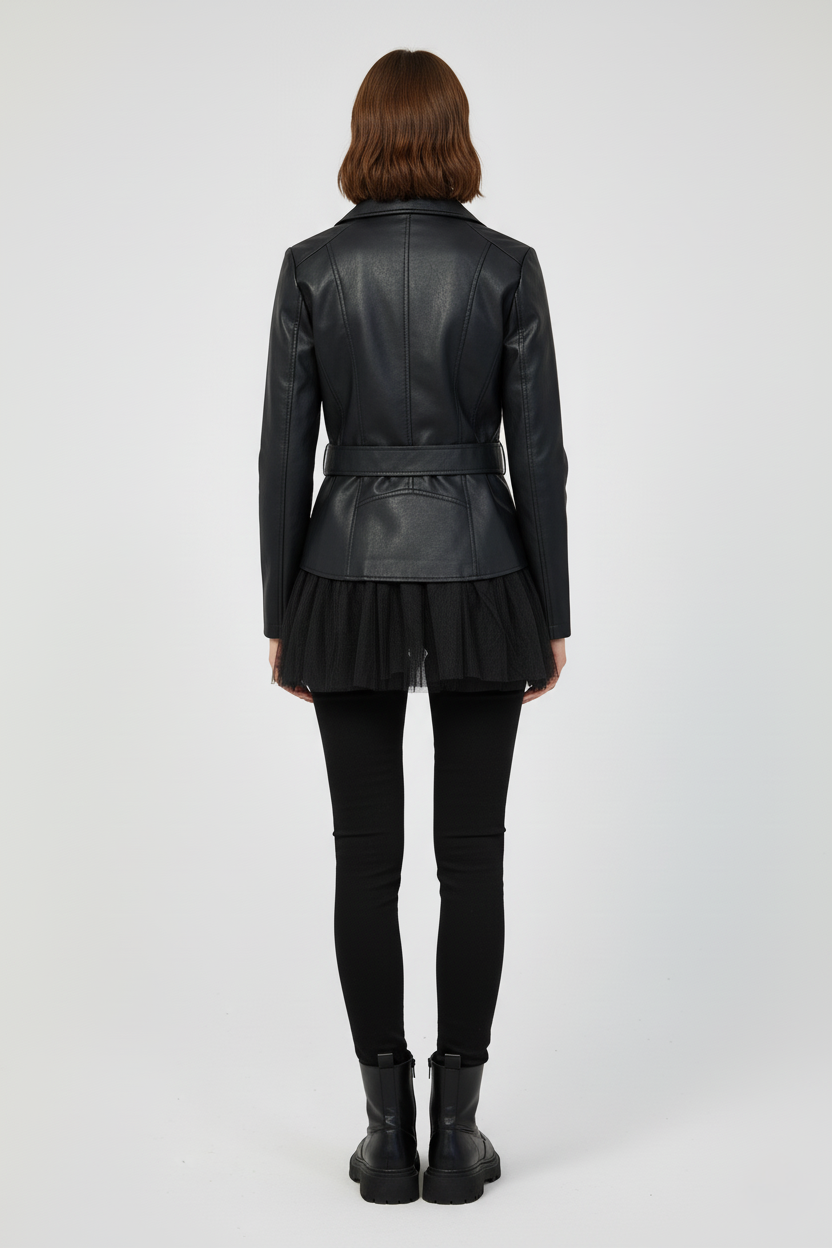 Geacă Biker din Piele Ecologică cu Inserție de Tulle | Qarma Selection