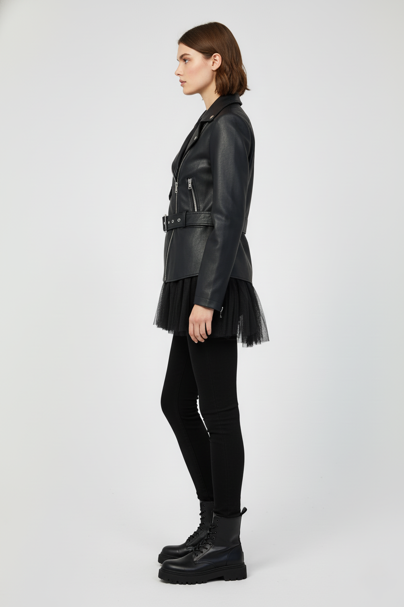 Geacă Biker din Piele Ecologică cu Inserție de Tulle | Qarma Selection