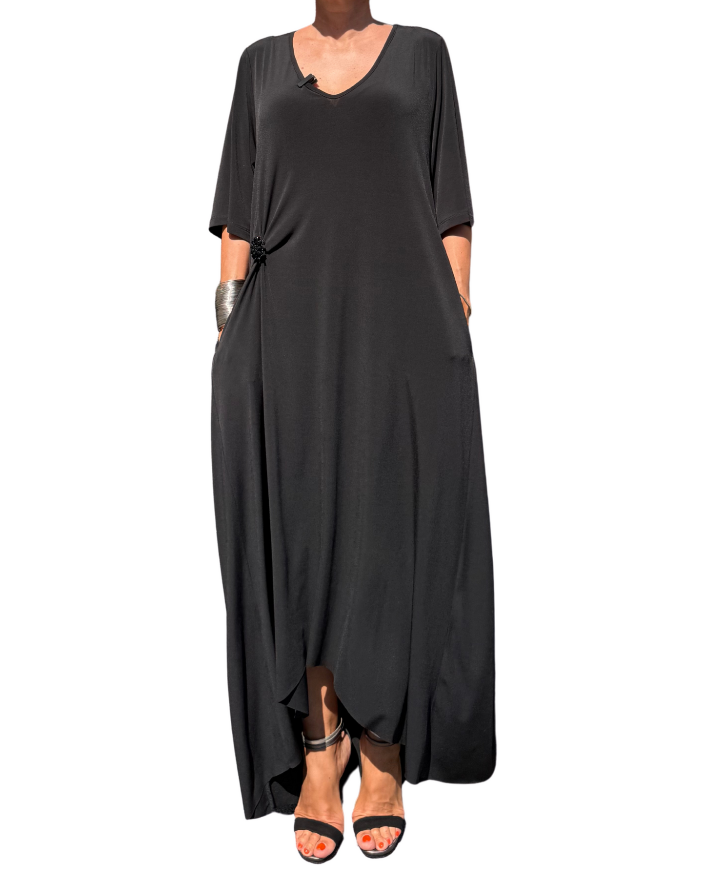 Rochie Arhitecturală Neagră Drapată pe Lateral (S-XL)