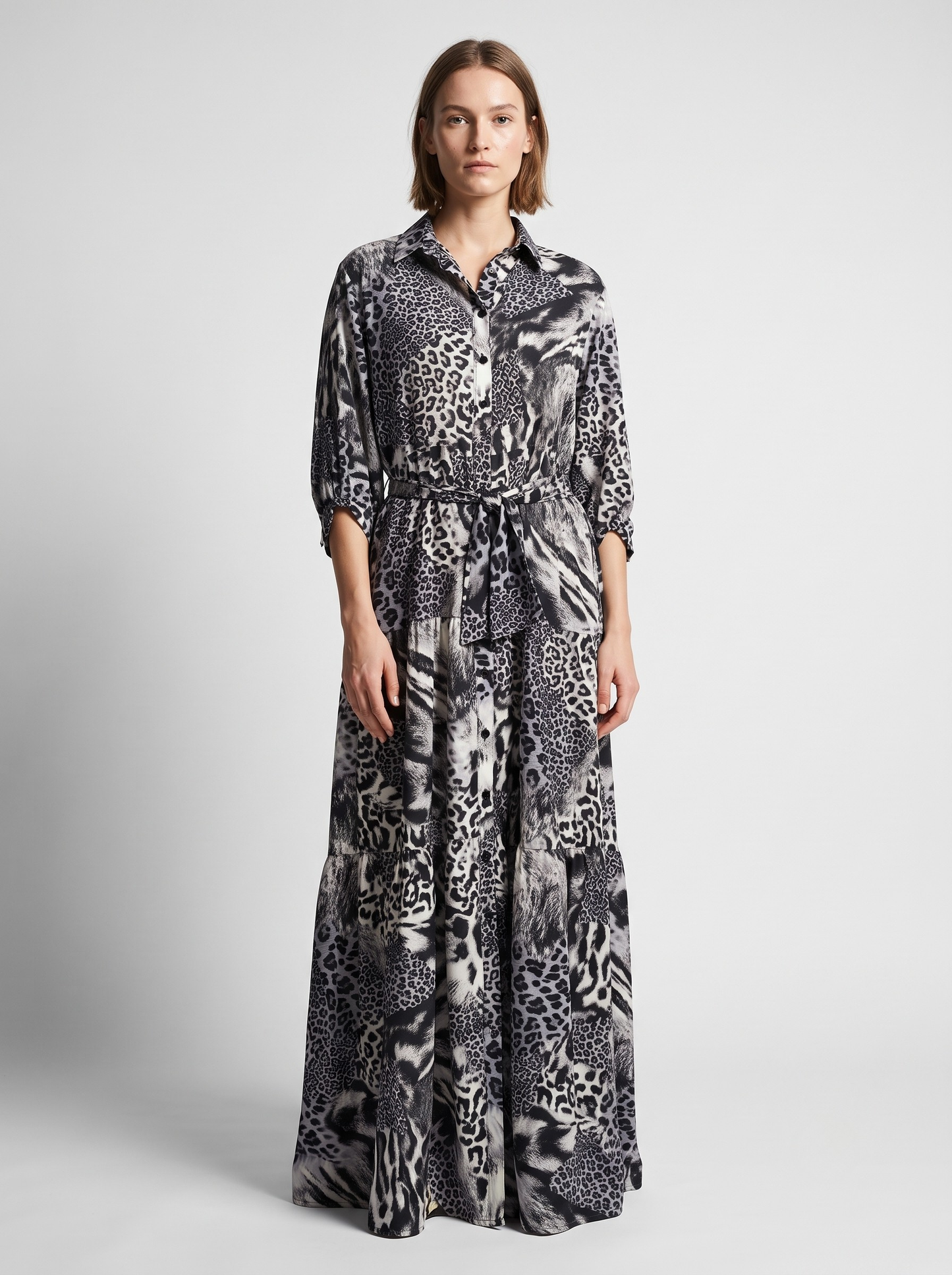 Rochie-Cămașă Arhitecturală cu Volane și Imprimeu Animal Print Alb-Gri (S-XL)