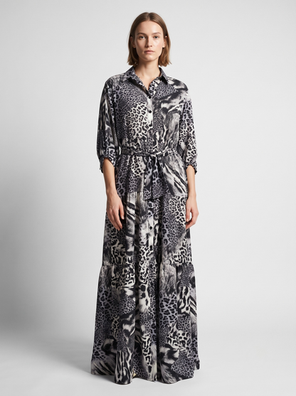 Rochie-Cămașă Arhitecturală cu Volane și Imprimeu Animal Print Alb-Gri (S-XL)