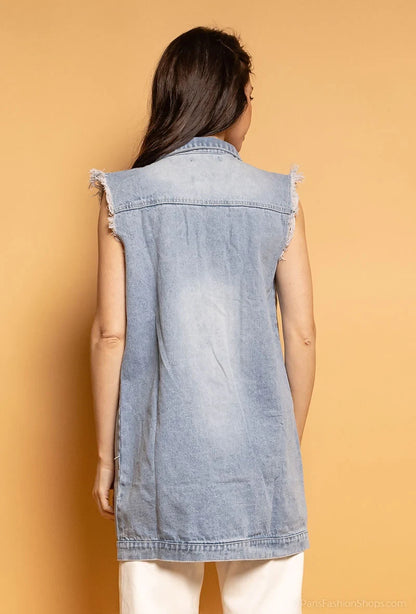 Vesta denim albastra lunga - simpla / accesorizata manual | Qarma Selection