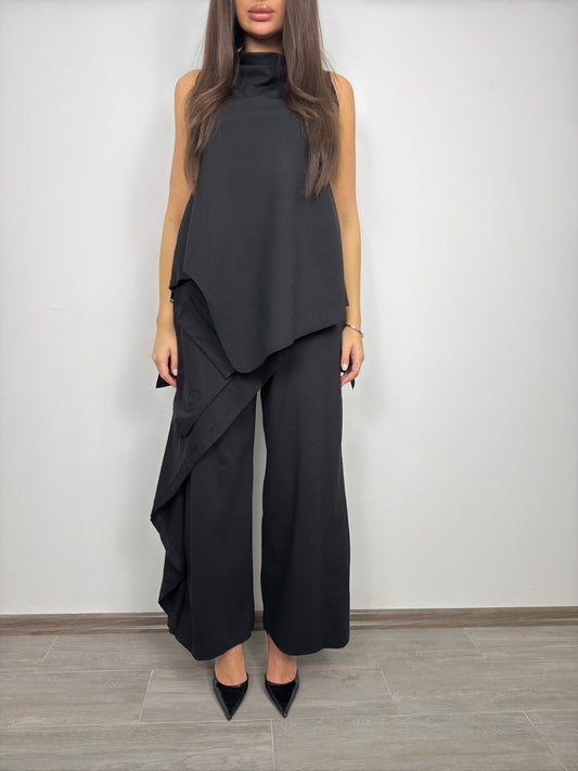 Pantaloni Dama – Jerse Negru cu Sort Asimetric