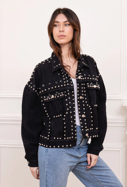 Jachetă Neagră din Denim cu Ținte Metalice | Qarma Selection