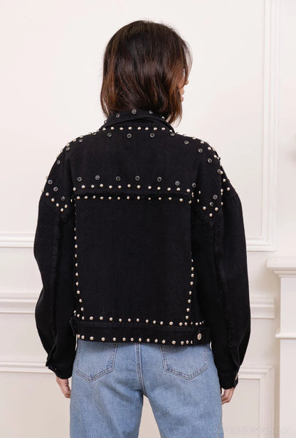 Jachetă Neagră din Denim cu Ținte Metalice | Qarma Selection