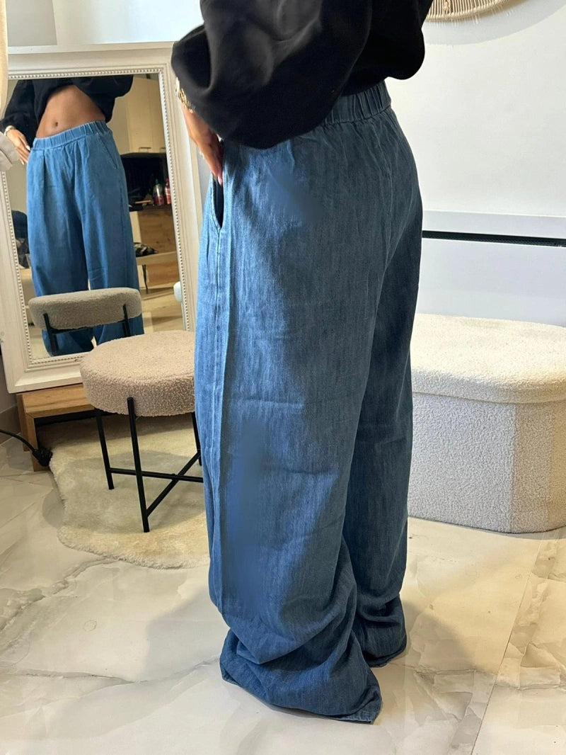 Pantaloni largi din denim subtire cu talie elastica