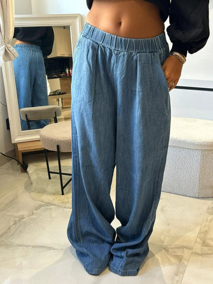 Pantaloni Wide Leg din Bumbac Elastic cu Aspect de Jeans | Qarma Selection