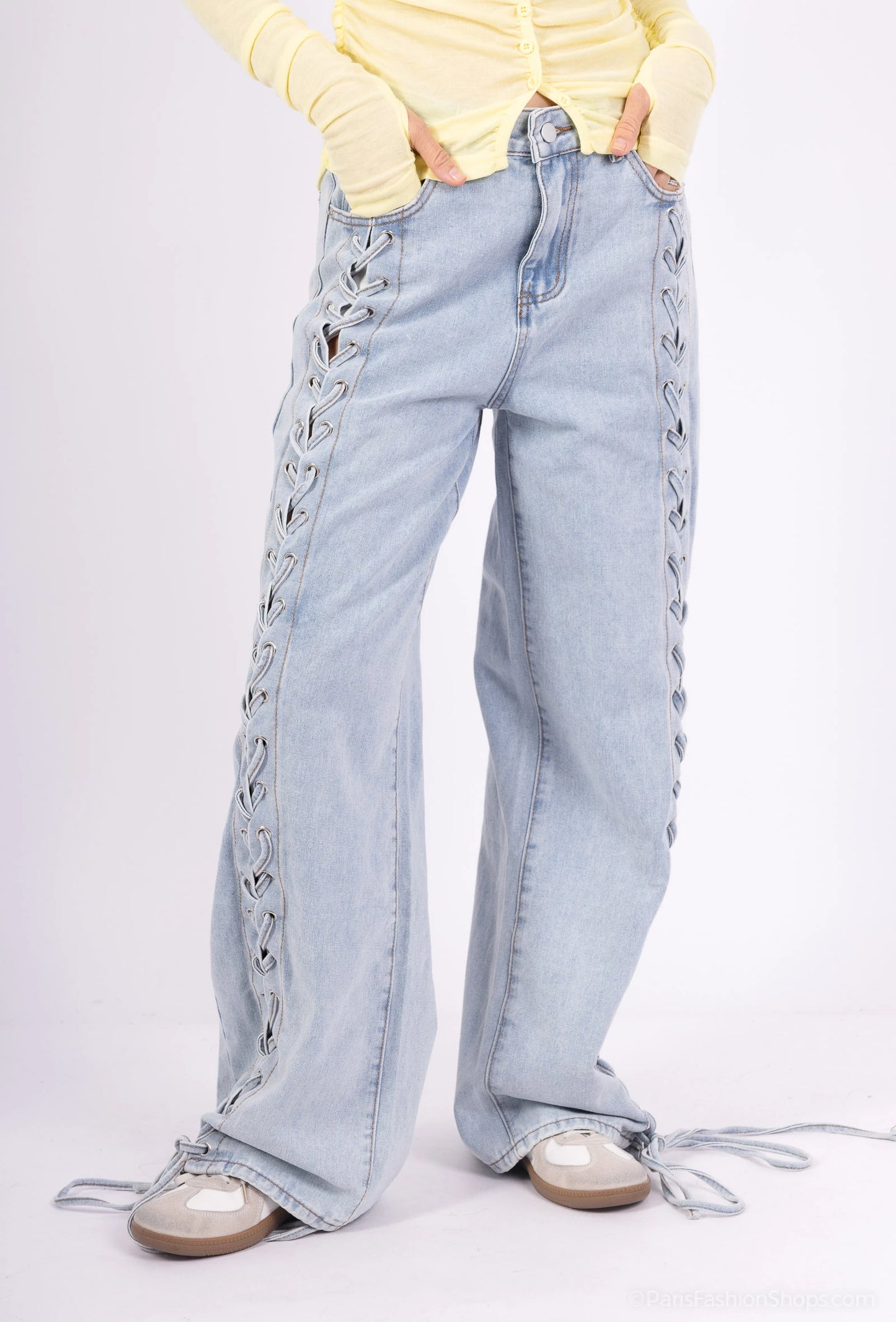 Blugi jeans albastri wide leg cu snur lateral