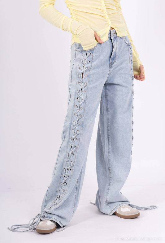 Blugi jeans albastri wide leg cu snur lateral