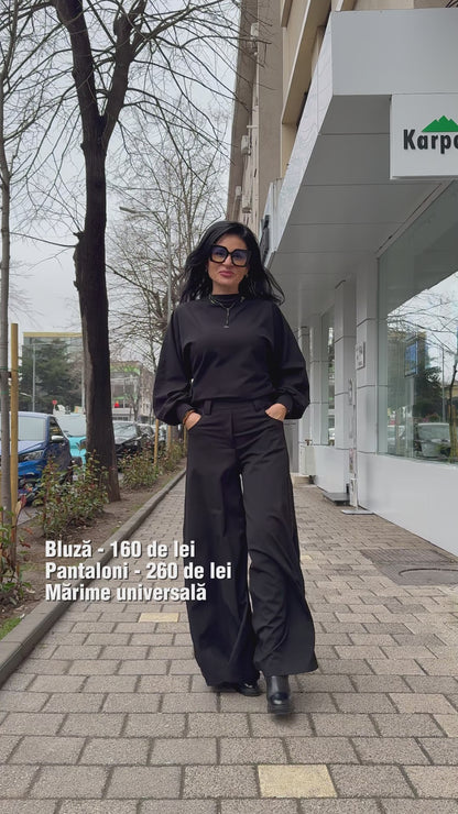 Bluză Neagră cu Fundă la Spate și Mâneci Bufante (S-XL)