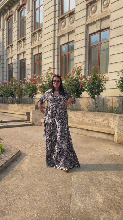 Rochie-Cămașă Arhitecturală cu Volane și Imprimeu Animal Print Alb-Gri (S-XL)
