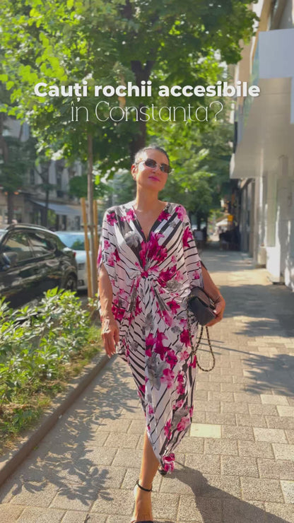 Rochie Arhitecturală cu Imprimeu Floral și Detaliu Inel (S-XL)