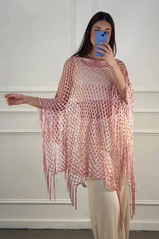 Poncho tip plasa cu efect lucios - roz