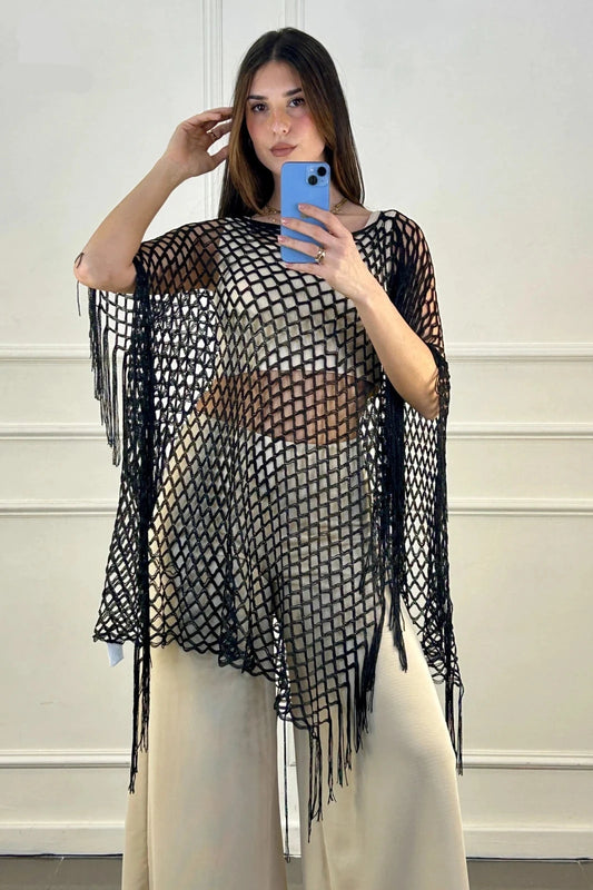 Poncho tip plasa cu efect lucios - negru