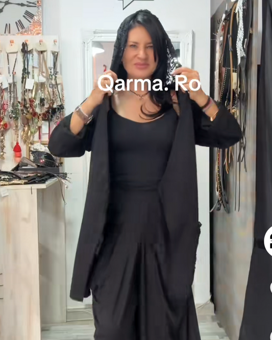 Cardigan Negru cu Glugă Texturată