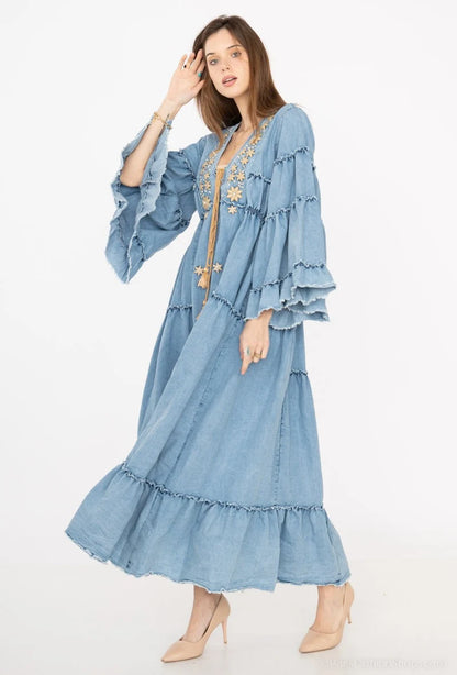 Rochie Lungă Boho din Bumbac cu Broderie Aurie (SM)
