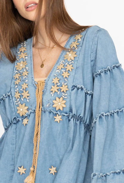 Rochie Lungă Boho din Bumbac cu Broderie Aurie (SM)