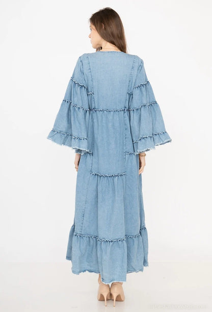 Rochie Lungă Boho din Bumbac cu Broderie Aurie (SM)
