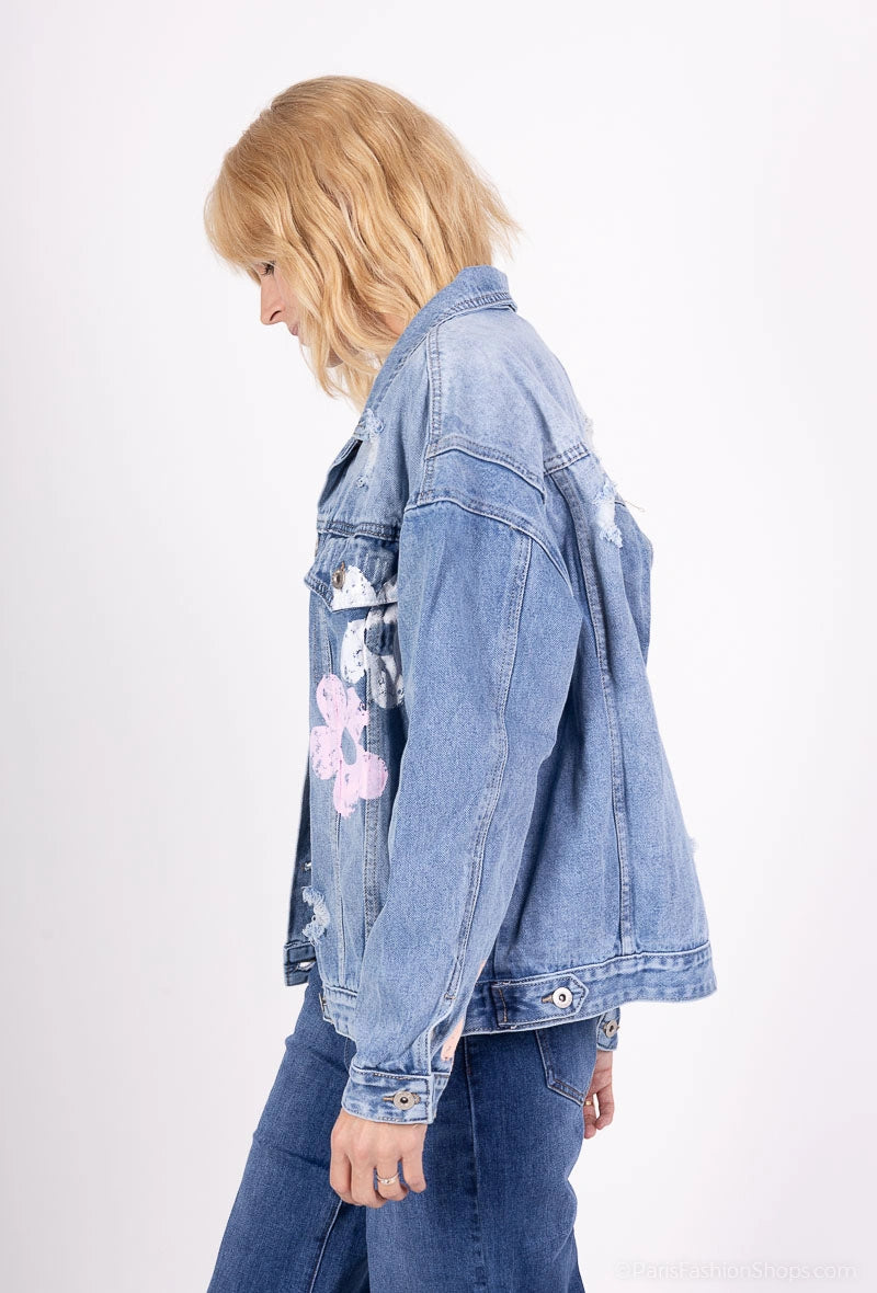 Jacheta denim albastra scurta cu flori pictate - simpla / accesorizata manual