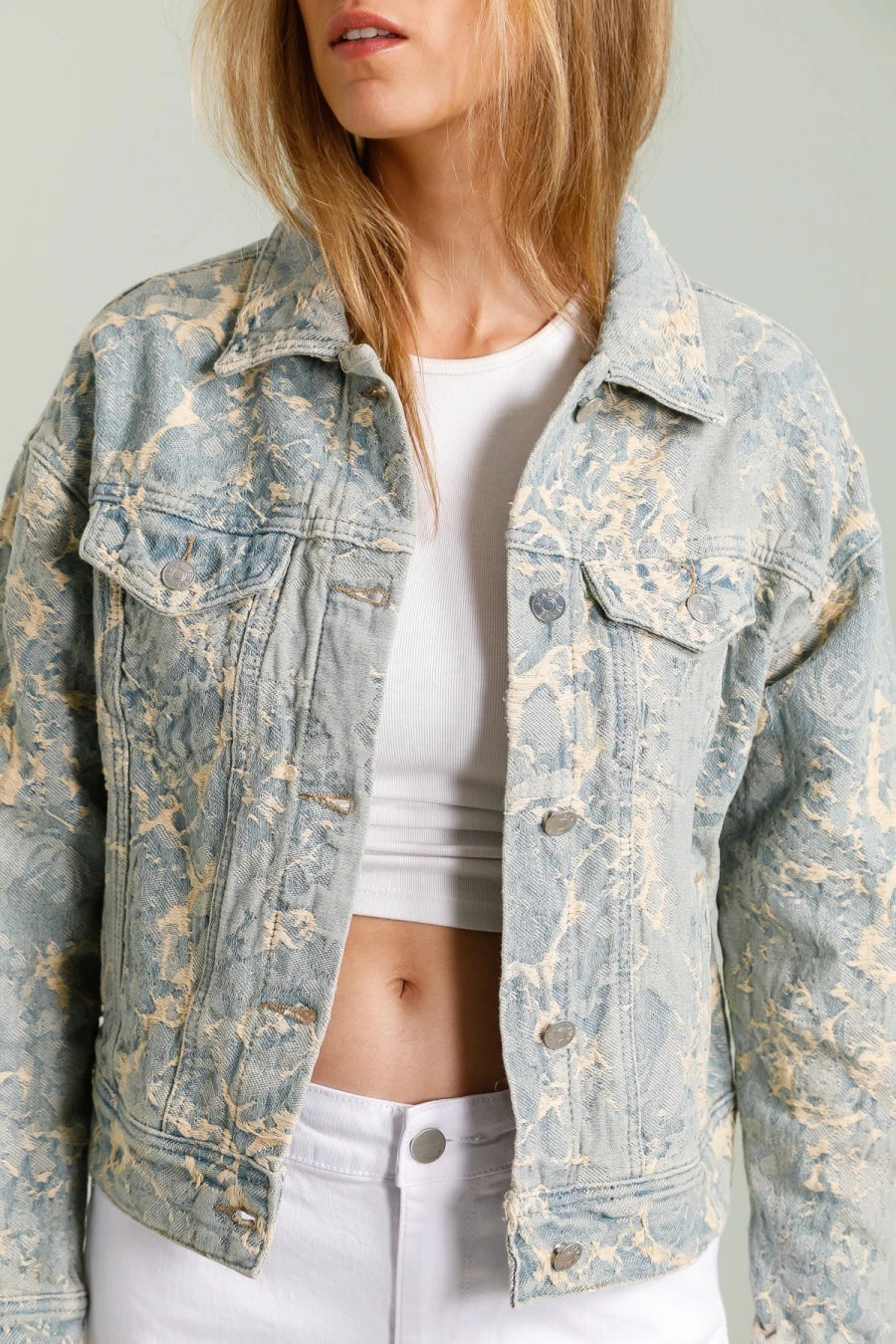 Jacheta denim prespalat marmorata cu efect - simpla