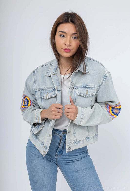 Jacheta denim cu broderie boho