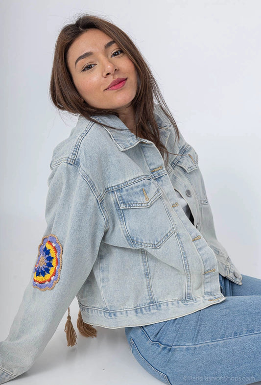 Jacheta denim cu broderie boho