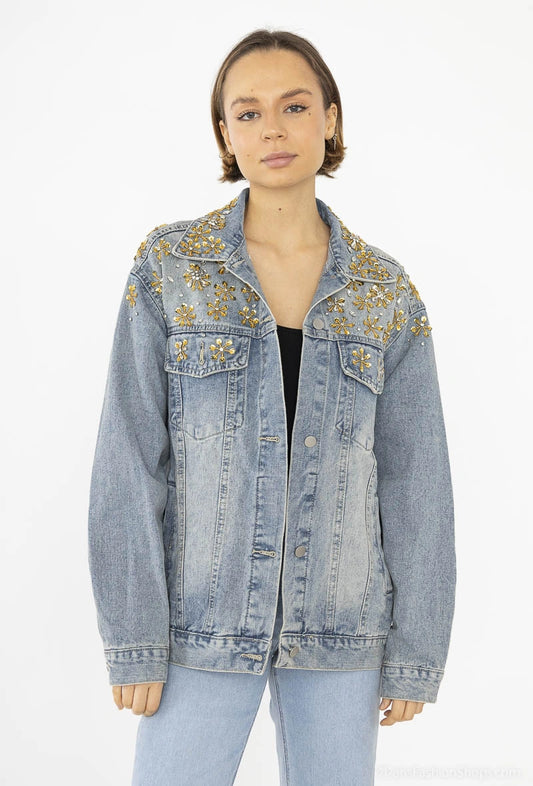 Jacheta denim cu aplicatii florale aurii