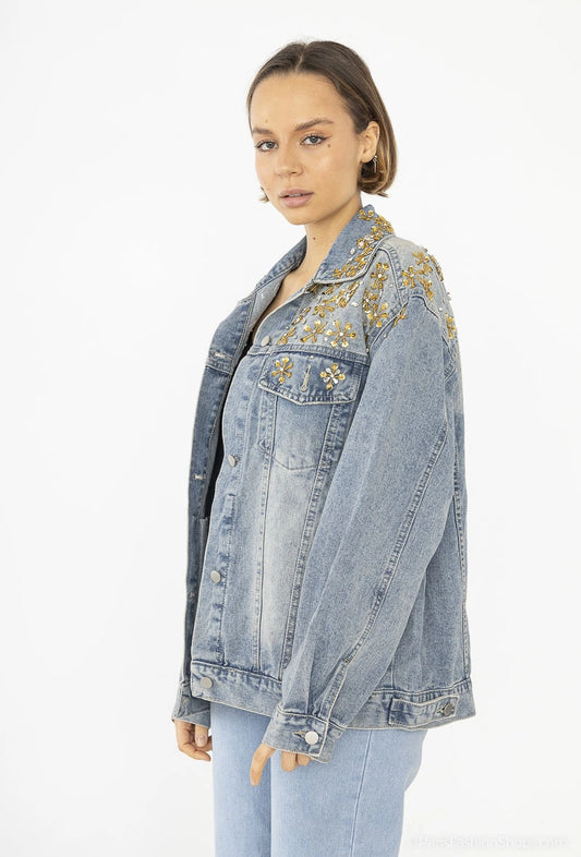 Jacheta denim cu aplicatii florale aurii